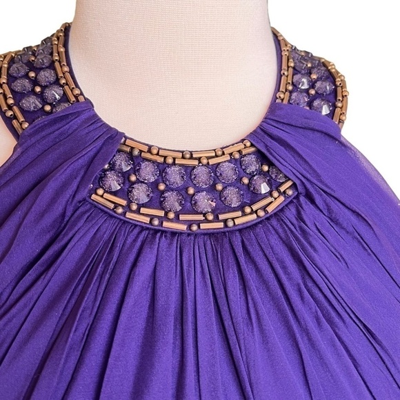 Carmen Marc Valvo Silk Purple Beaded Halter Ruched Cocktail Dress Size 8 - Picture 4 of 7